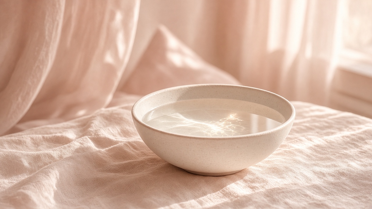 A bowl of water and peach linen